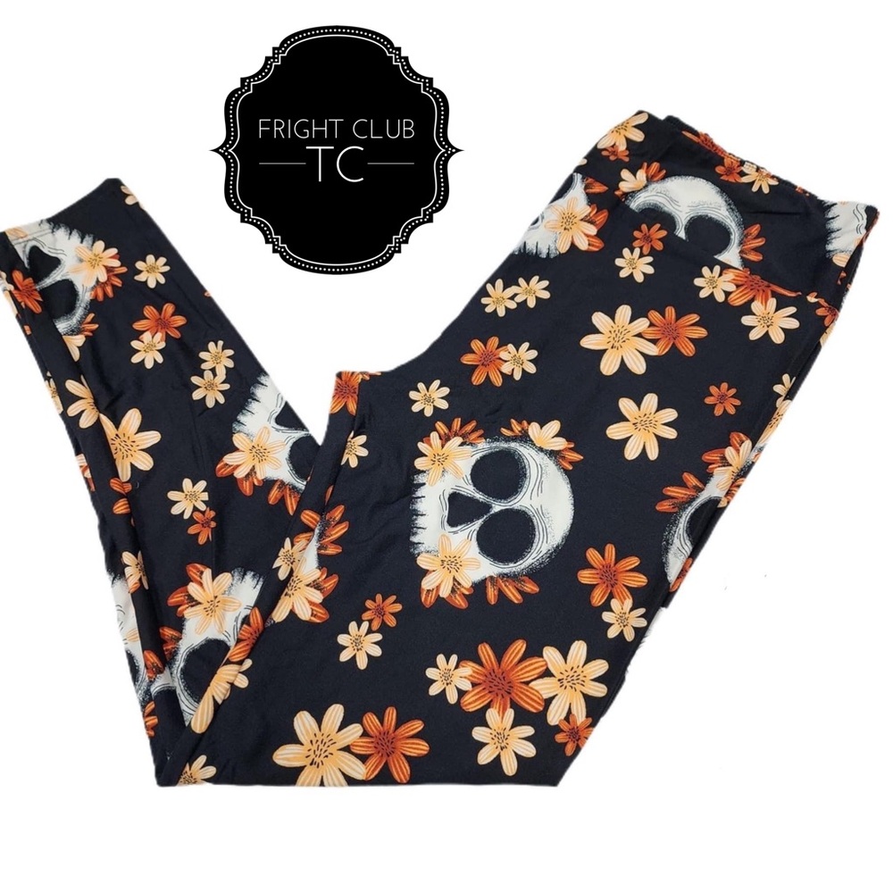 LuLaRoe TC Fright Club Floral Skull Halloween Leggings Tall Curvy - Picture 4 of 16